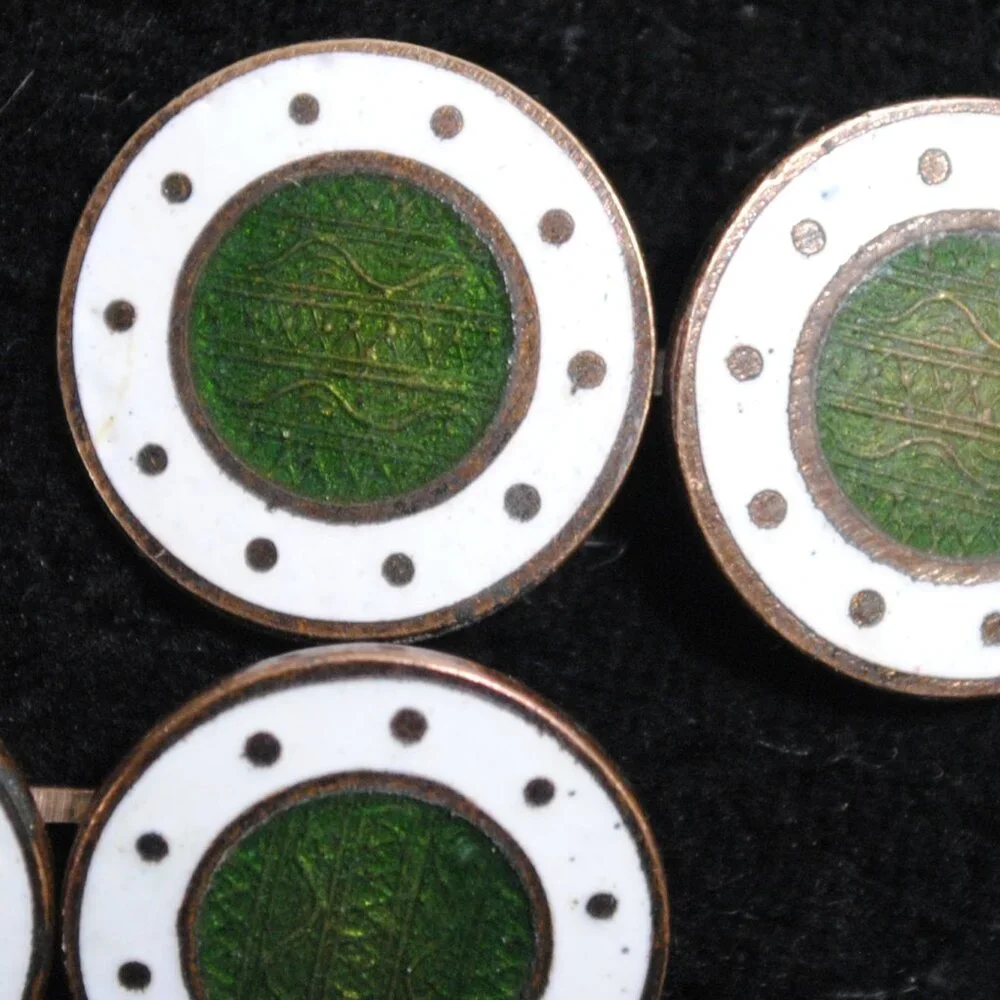 Antique Round White & Green Guilloche Enamel 